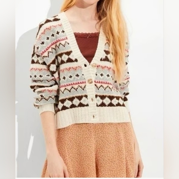 American Eagle Outfitters Sweaters - American Eagle Outfitters Cream and Brown Cardigan XS Oversized PTP 24 Length 22